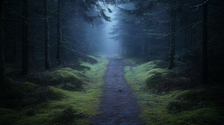 Misty forest path leading into light representing life's journey toward clarity